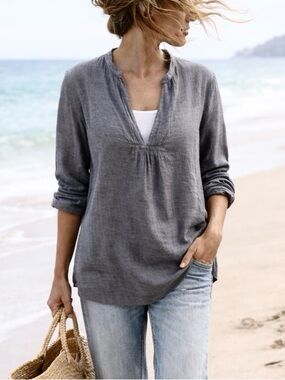 Eileen Fisher Organic Cotton Linen Gray Tunic | Lightweight Coastal Beachy Top